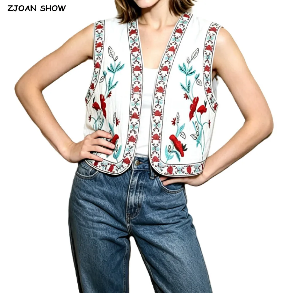 Ethnic Women White with Colored Embroidery Flower Open Buttons Waistcoat BOHO Sleeveless Vest V Neck Jacket Vacation Tops