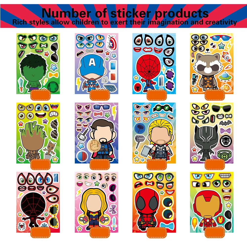 6/12Sheets Disney The Avengers Anime Make a Face Puzzle Stickers for Kids DIY Assembly Jigsaw Kids Educational Toys Party Decal