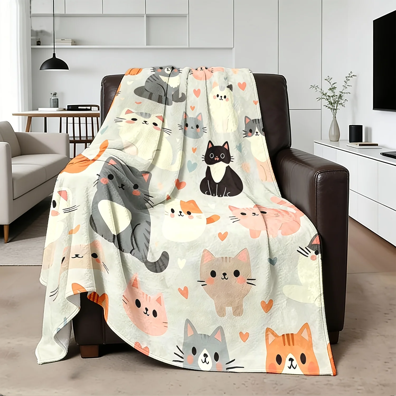 Cozy Flannel Cat Print Throw Blanket Fleece Polyester Plush Decor for Sofa Couch Bedroom Winter Lap Blanket Gift for Adults Kids