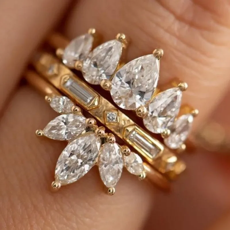 Fashion Simple Romantic Luxury Zircon Inlaid Copper Two-Piece Ring Set for Women