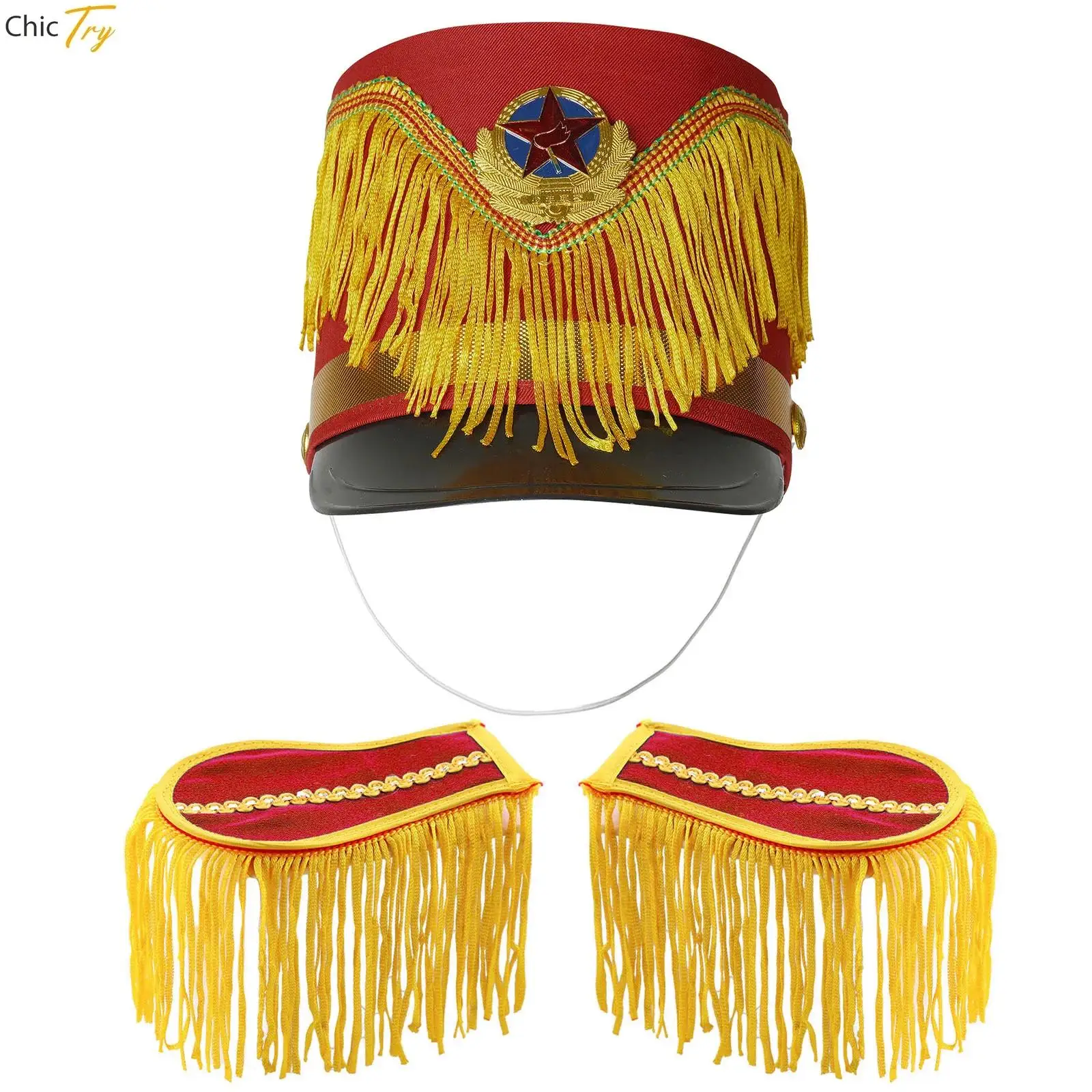 

Medieval Royal Soldier Military Hat Marching Band Hat Epaulett Ceremonial Halloween Carnival Cosplay Nutcracker-Snare Drum Team