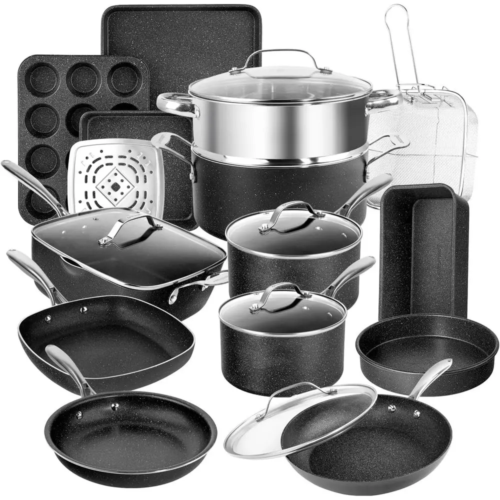 

20-Piece Hard Anodized Cookware and Bakeware Set with Diamond Nonstick Coating, Stainless Steel Cool Handles, Oven and Dishwashe