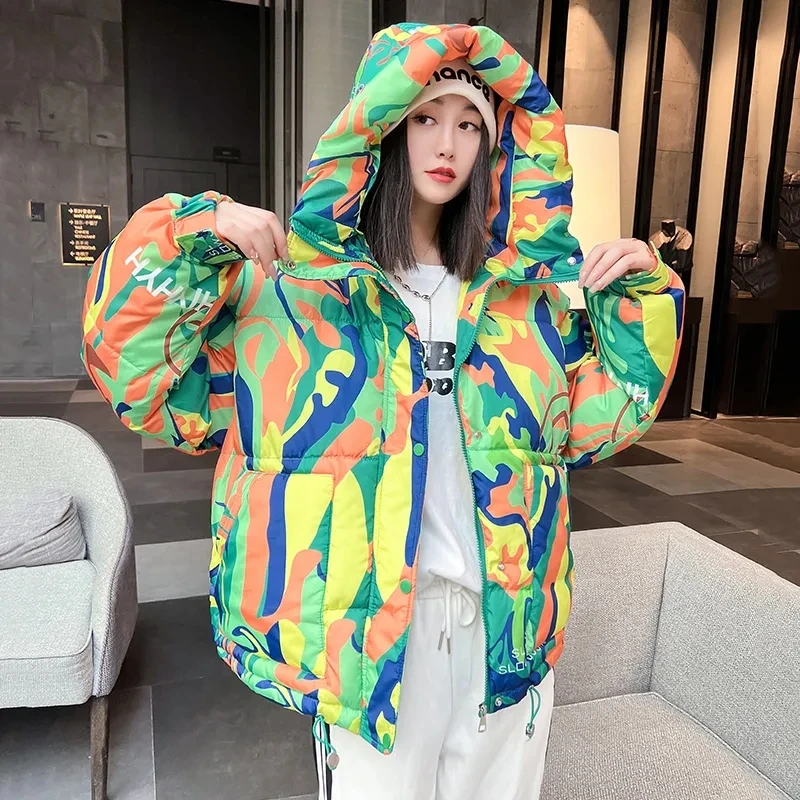 2023 Winter Women New Down Cotton Short Coat Hooded Colorful Breadsuit Parka Flower Cotton Coat Versatile Jacket Outerwear tops