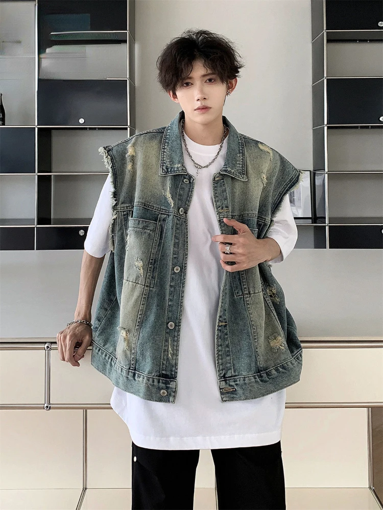 American Washed Denim Vest Men Aesthetics Clothing Sleeveless Cardigan Streetwear Women Cowboys Vintage Tops Loose Casual Vests