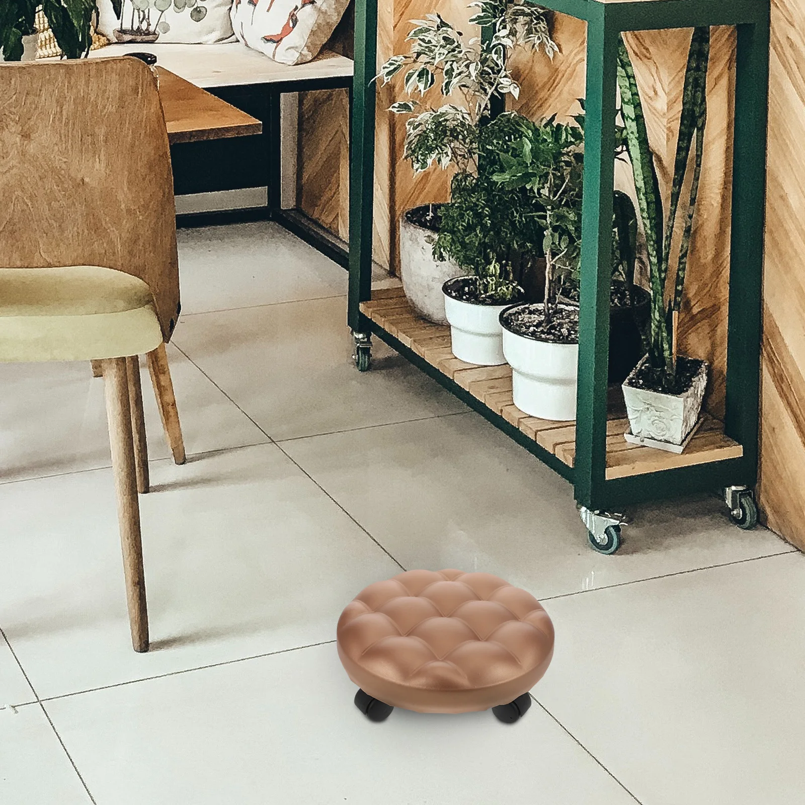 

Round Low Stool Wheels Rolling Small Foot Rest Golden Plastic Step Stools Home Nail Salon Comfortable Swivel Seating Under Desk