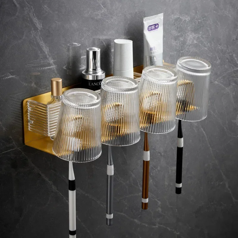 Brushed Gold Toothbrush Holder Aluminum Wall Mounted Toilet Toothbrush Cup Holder Bathroom Storage Rack Bathroom Accessories