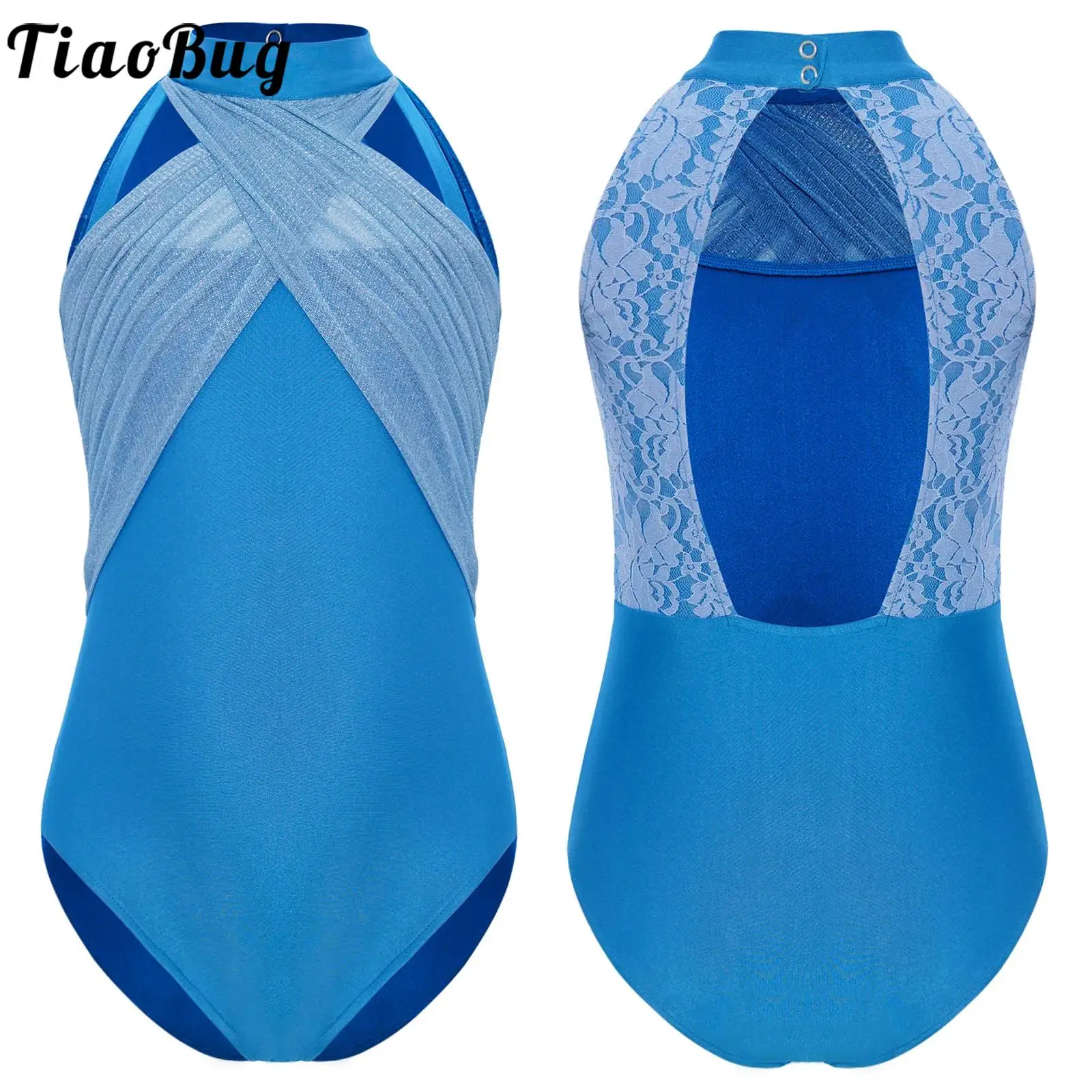 

Kids Girls Dance Leotard Rhythmic Gymnastics Artistic Jersey Sleeveless Lace Patchwork Cross Ruched Mesh Overlay Bodysuit Ballet