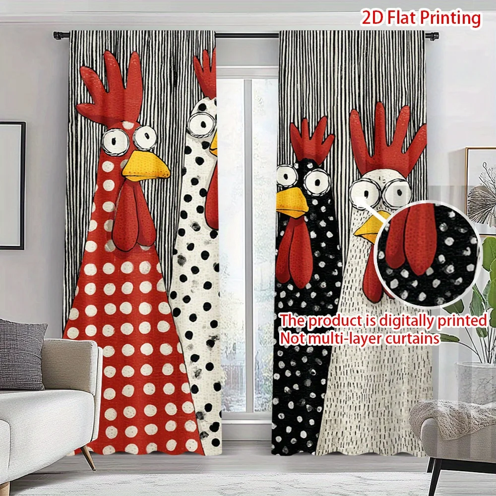 Polka Dot Chicken Window Curtains 2 Panels Striped Backdrop Cartoon Farm Rooster Light Blocking Curtains Kids Room Decor