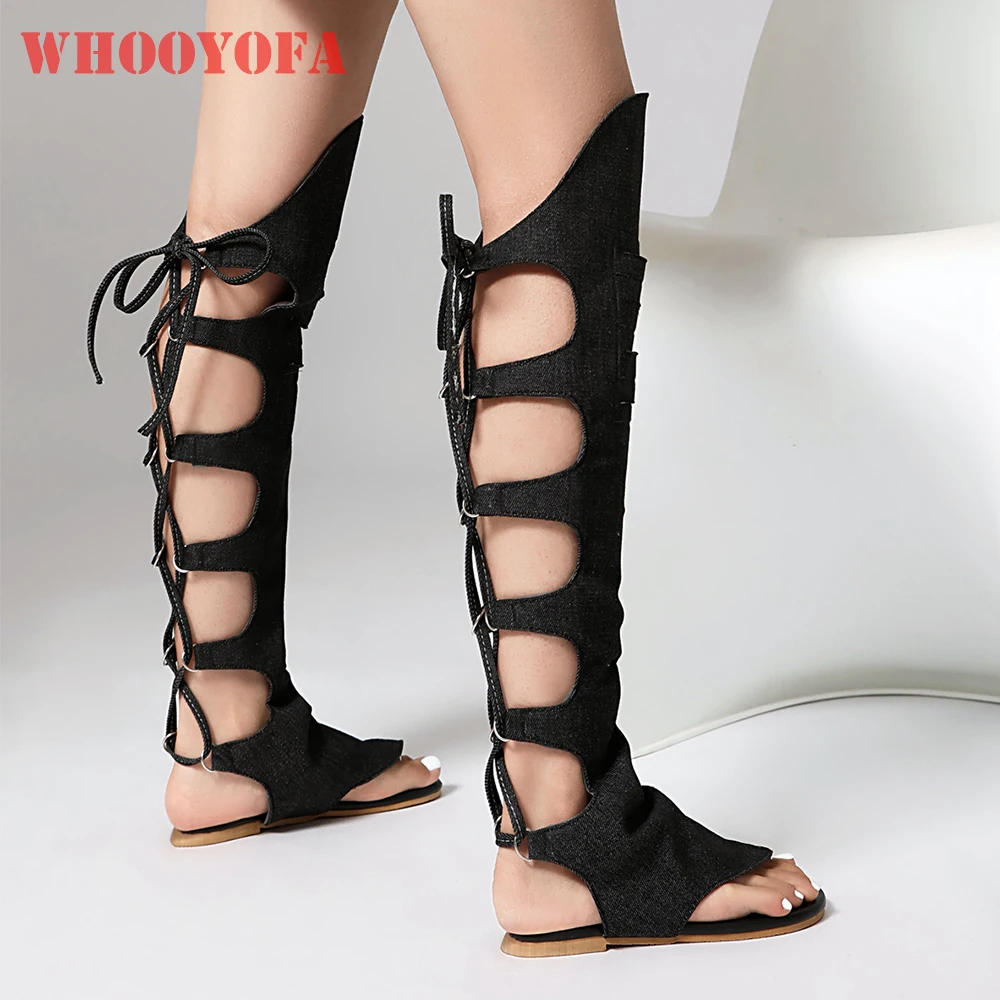 

2026 New Summer Novelty Black Blue Women Sandals Lace up Over Knee Flat Lady Casual Shoes Plus Big Size 11 43 46
