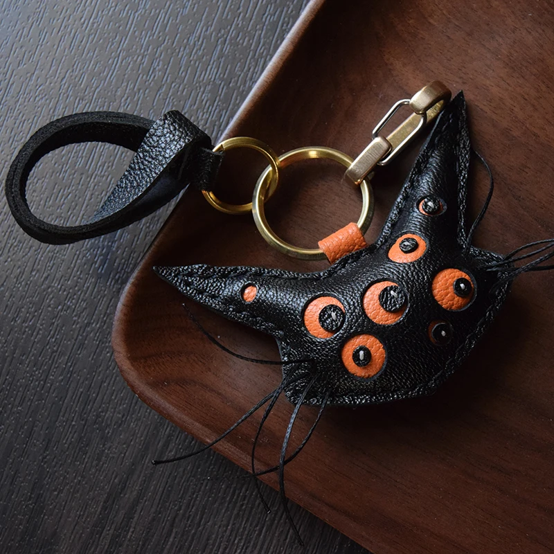 Handmade Leather Black Cat KeyChain Bag Charm