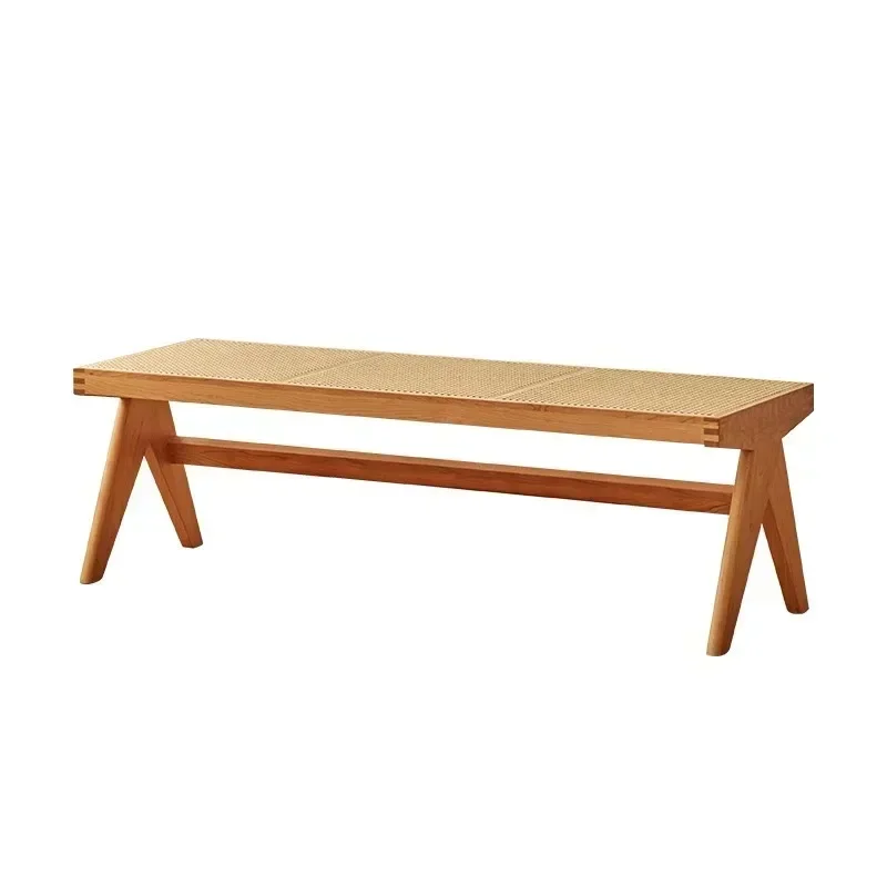 Wooden rattan shoe changing stool cherry wood Nordic designer Japanese style