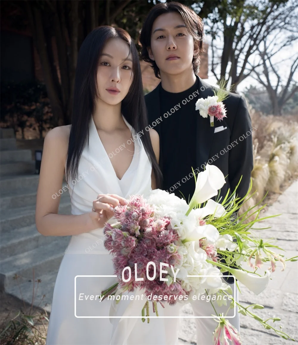 OLOEY Simple Silky Satin A-Line Wedding Dress Korea Photoshoot Halter Floor Length Bridal Gown Customized Corset Robe De Mariage