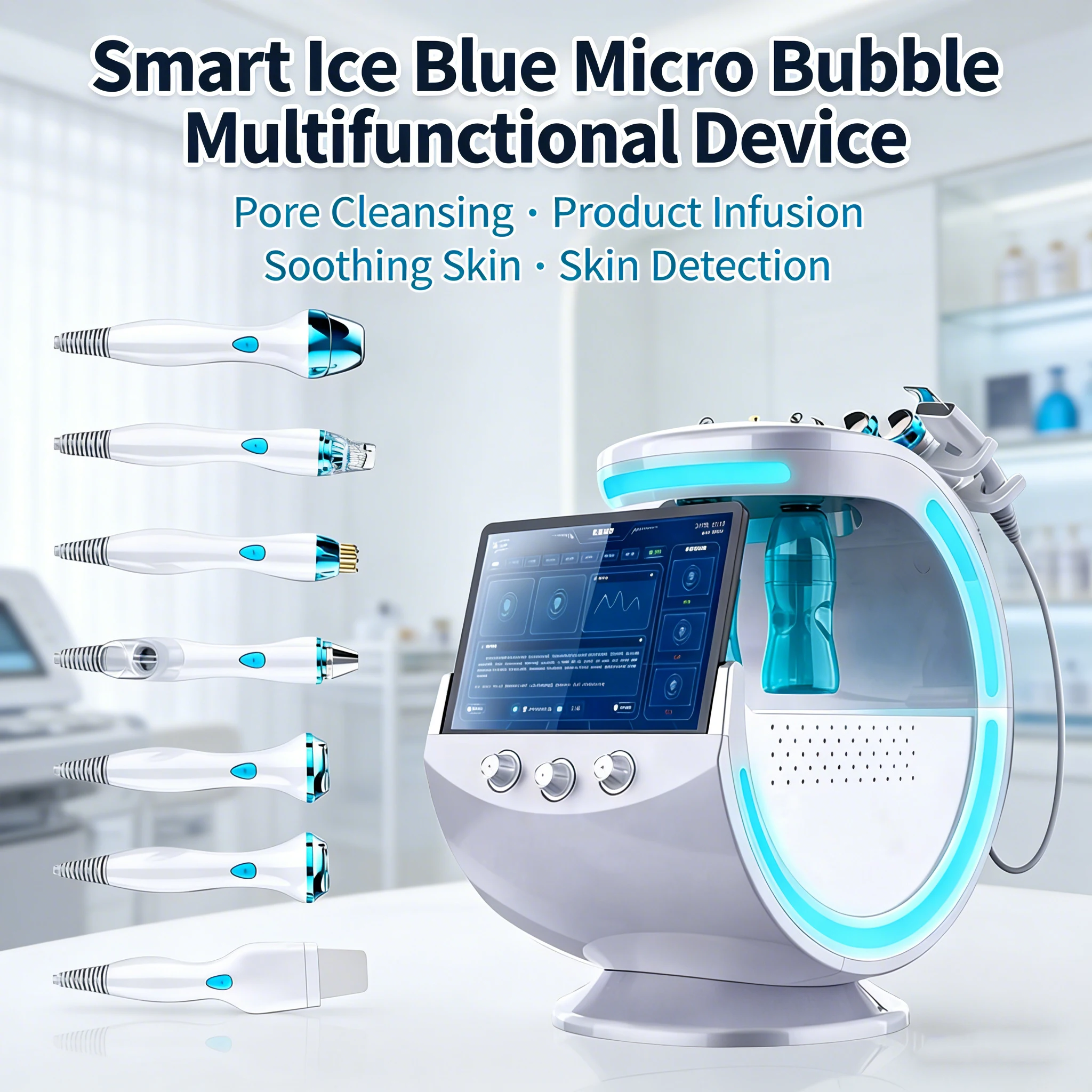 

Настольное интеллектуальное обнаружение кожи ледяного синего цвета, всасывание угрей, чистка мелких пузырей и инструмент для салона красоты