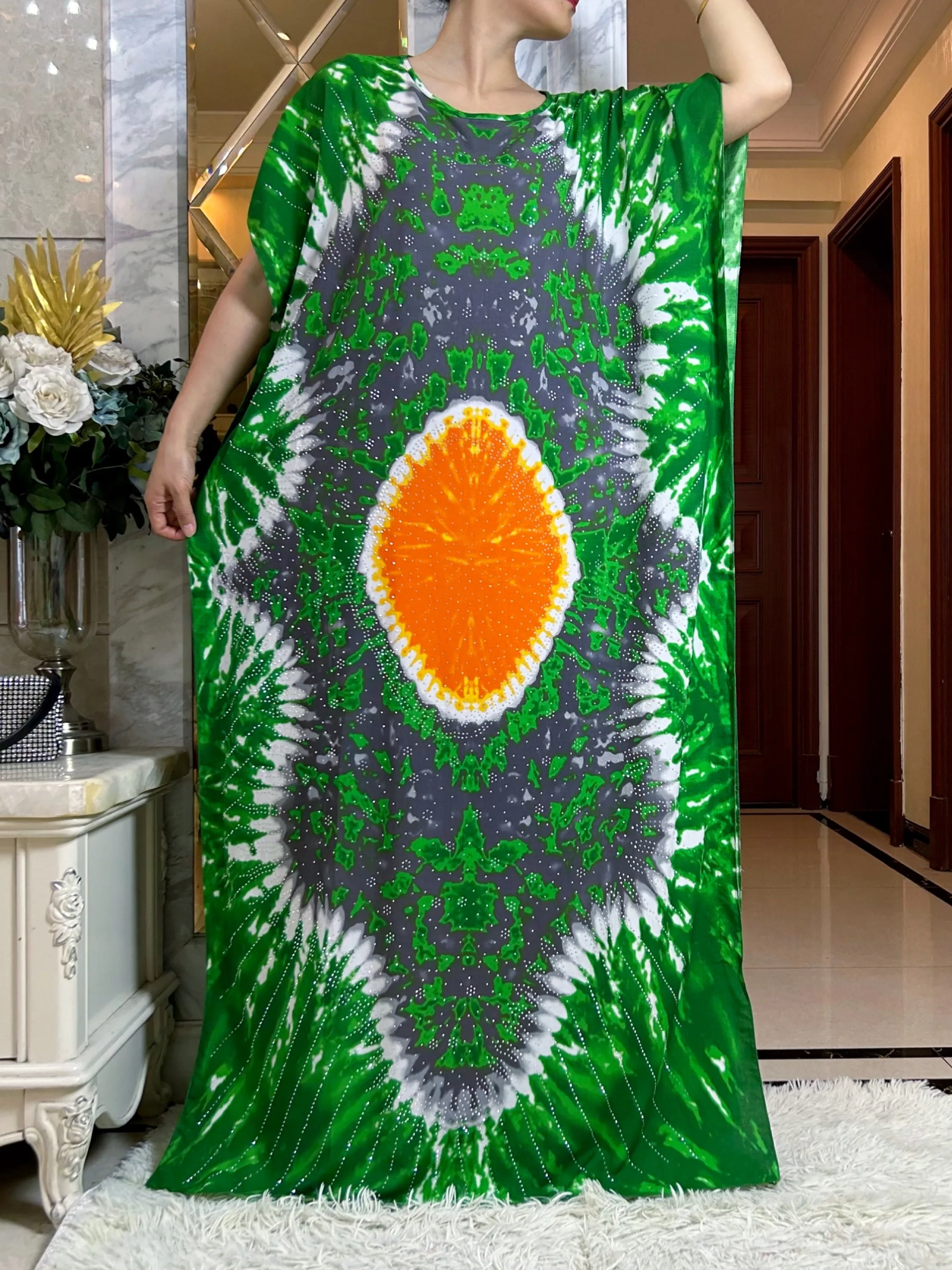 2024 Latest African Women Summer Short Sleeve Dubai Abaya Diamonds Printed Cotton Maxi Muslim Femme Loose Dress With Large Scarf