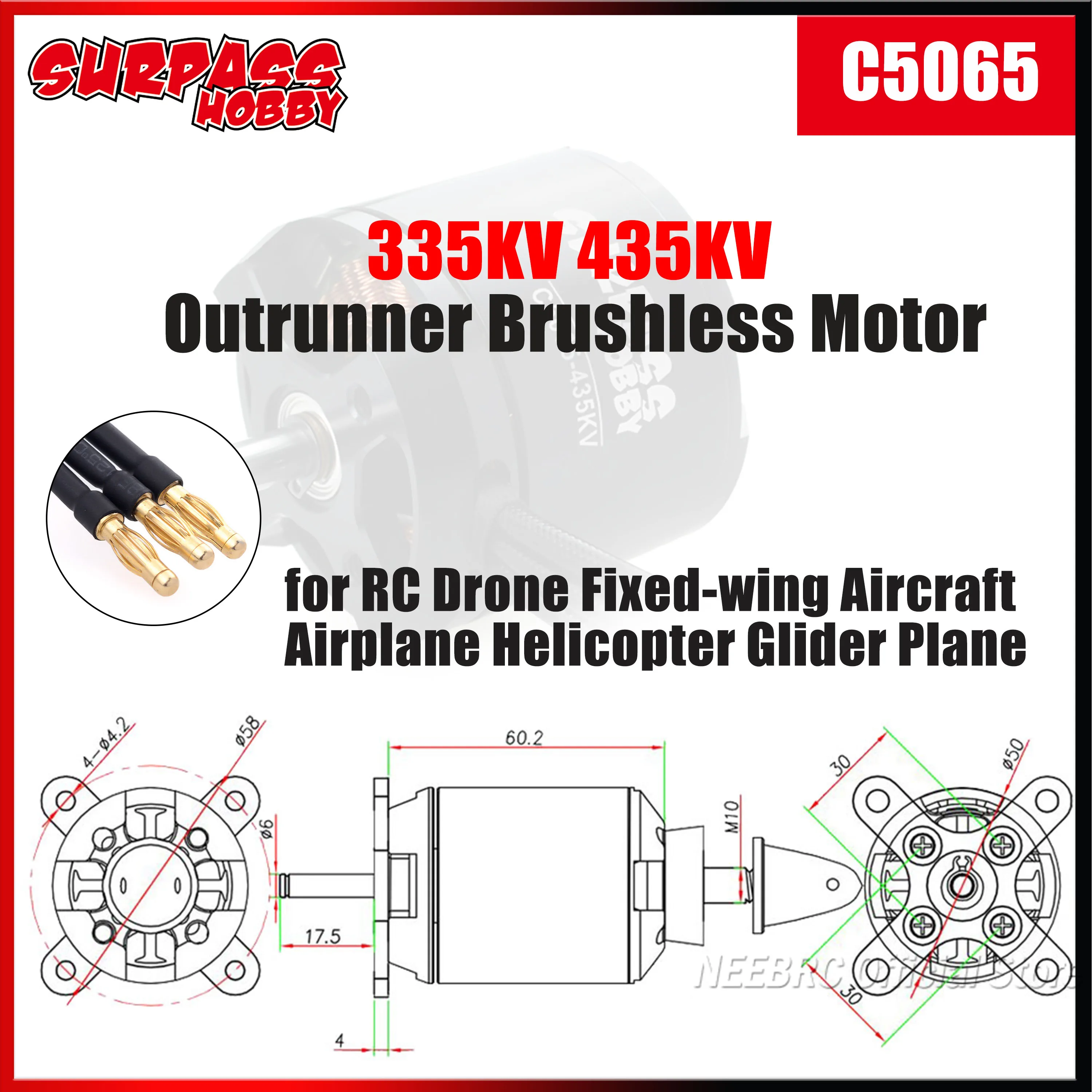 

SURPASS HOBBY C5065 335KV 435KV Brushless Outrunner Motor for RC Drone Fixed-wing Aircraft Airplane Helicopter Glider Plane Part