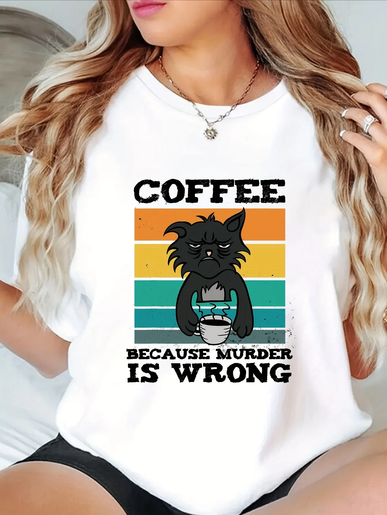 Women Casual Coffee Lover Graphic Tshirt COFFEE BECAUSE MURDER IS WRONG Short Sleeve Round Neck Lightweight Breathable