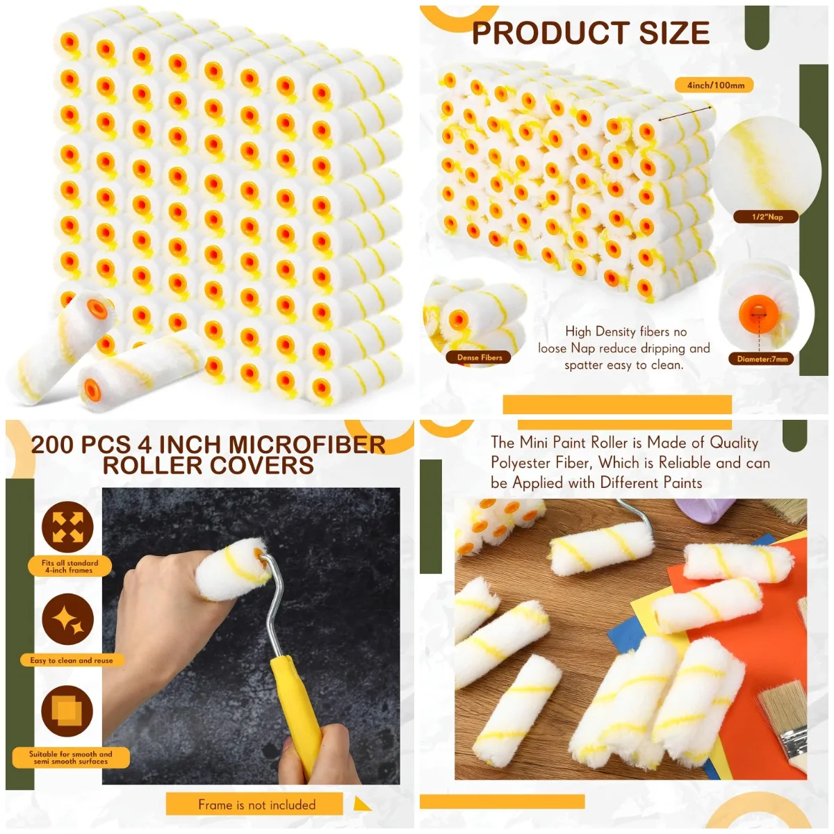 

200 Pcs 4 Inch Mini Paint Roller Covers, Microfiber, 1/2' Nap, Yellow, DIY Painting Supplies for Home Wall Repair