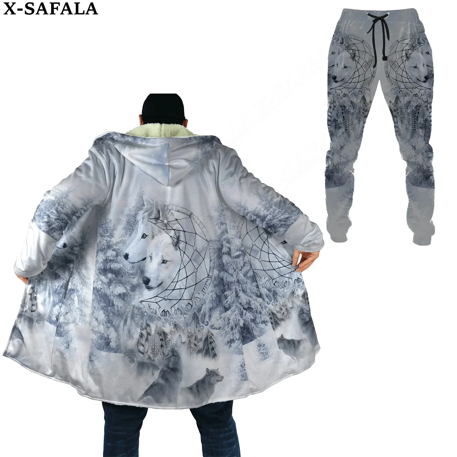 

Native Snow Wolf Feather Thick Warm Hooded Cloak Sweatpants Combo Set Overcoat Coat Windproof Fleece Unisex Joggers Trousers-1