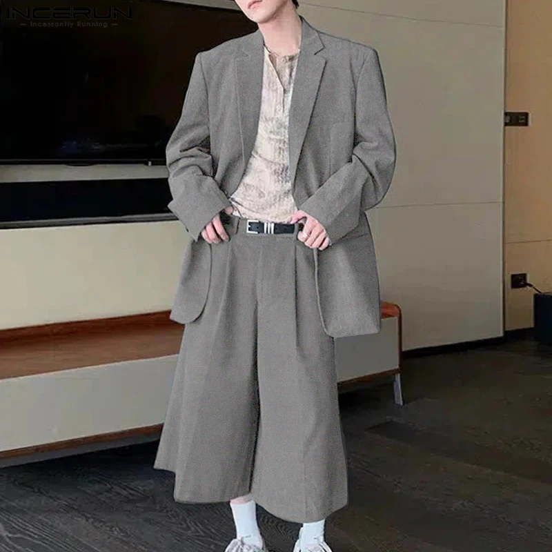 INCERUN 2024 Korean Style Sets Fashion Men's Long Sleeved Suit Long Pants Casual Streetwear Solid All-match Two-piece Sets S-5XL