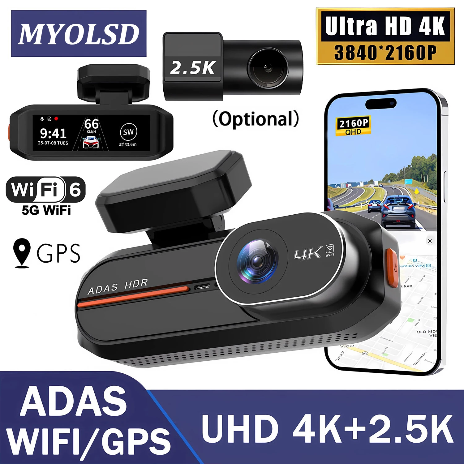 

Видеорегистратор ADAS UHD 4K 3840*2160P с записью, ночным видением, встроенным Wi-Fi, поддержкой GPS и режимом парковки 24 часа