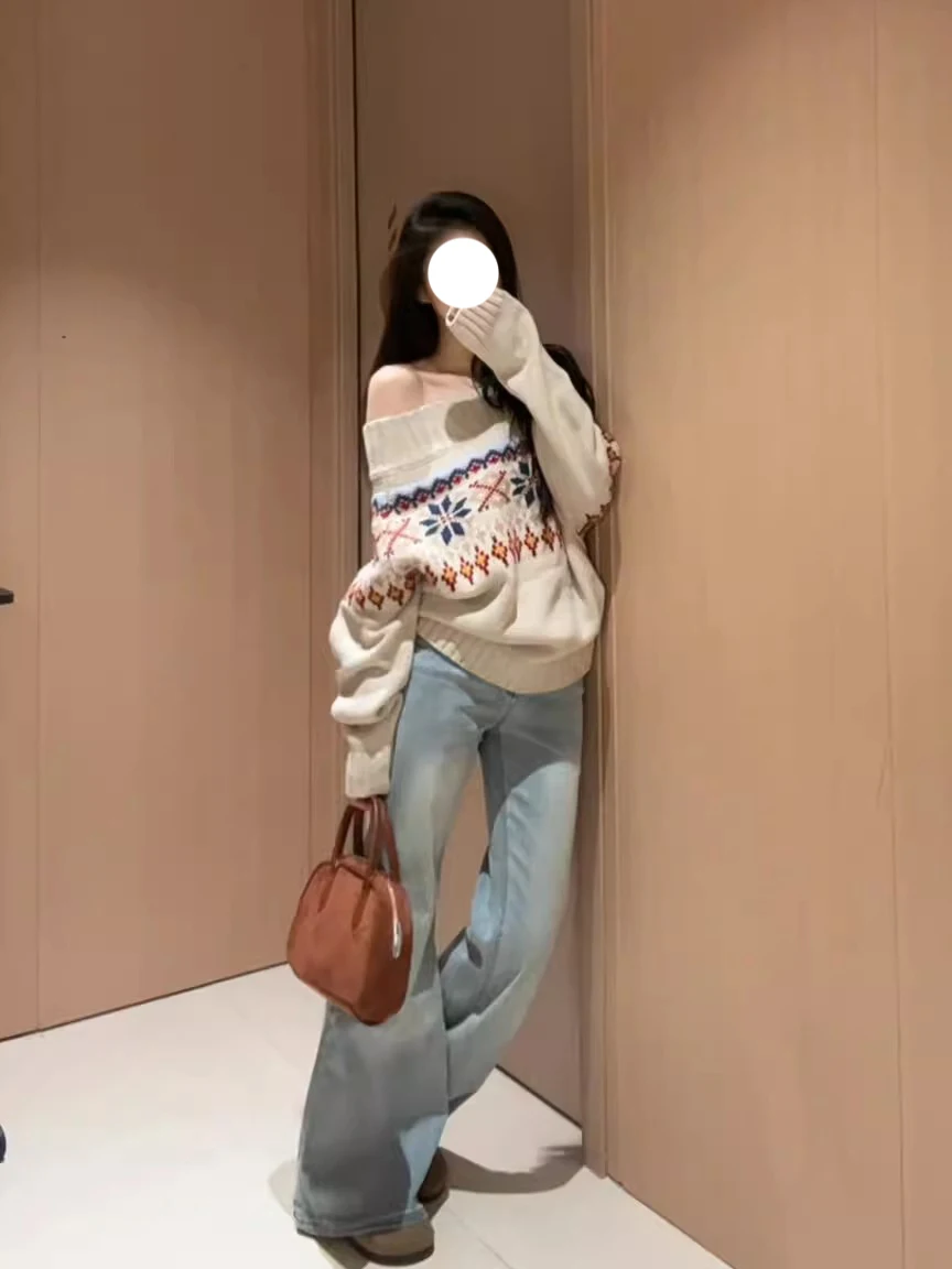 

Retro Fair Isle Knitted Thiened Sweater Loose oulder Design Women's Autumn Winter Faion Casual Long Sve Top