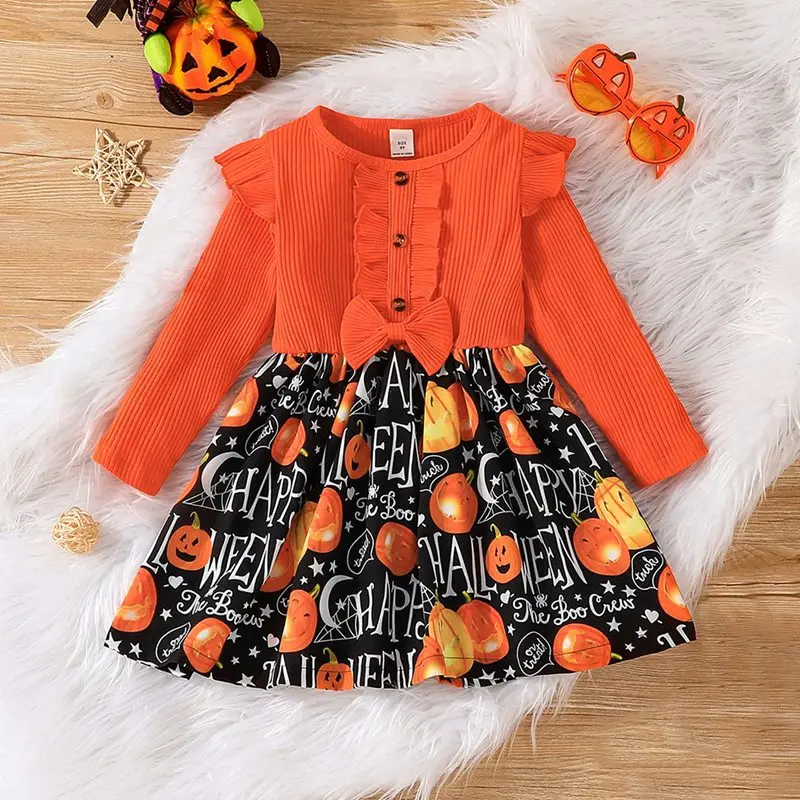 Halloween Children Girl\'s Dress Long Sleeve Round Neck Pit Striped Pumpkin Print