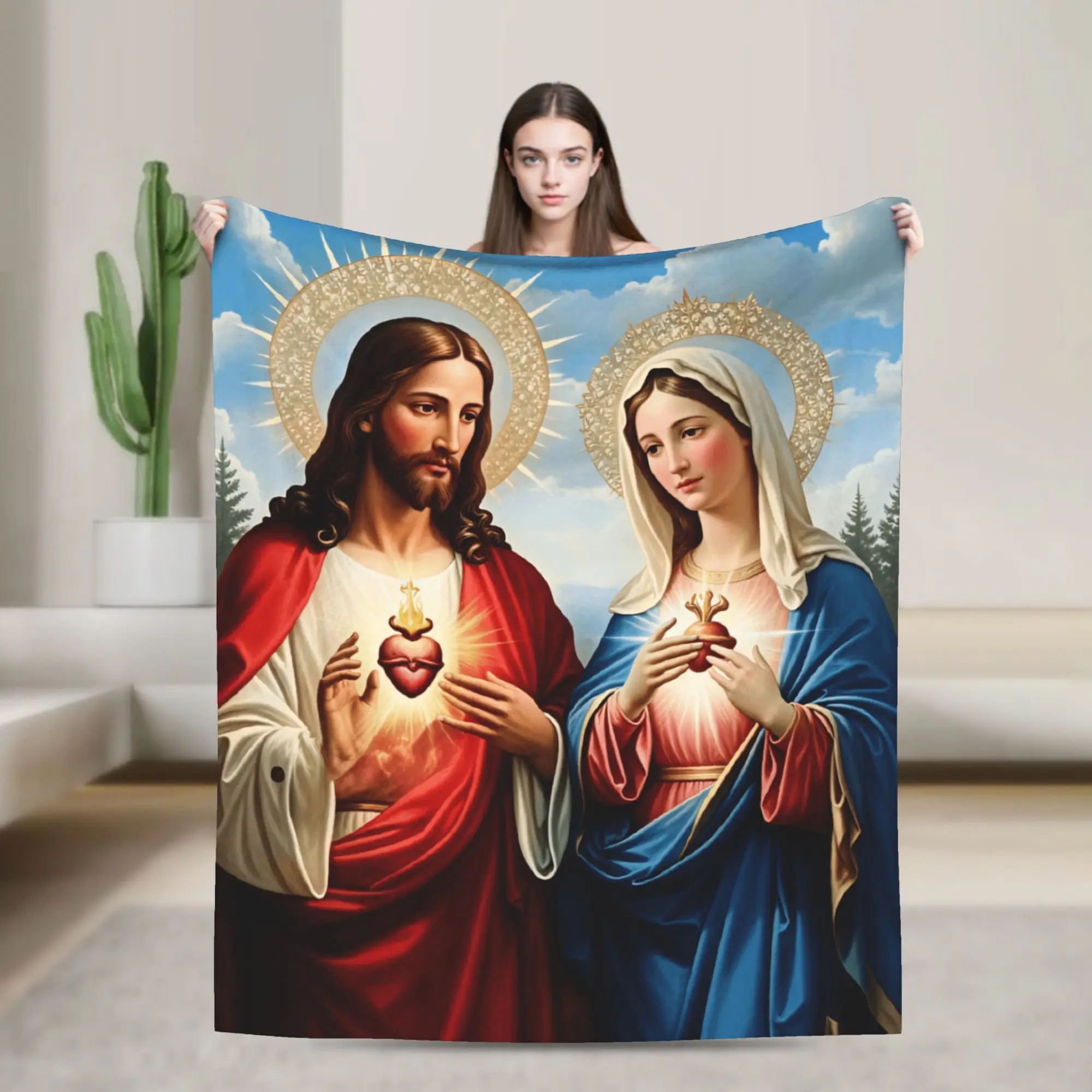 Sacred Heart of Jesus and Immaculate Heart of Mary Blanket Soft  Throw Blanket Winter Adults Couch Bed Travel Car Bedspread