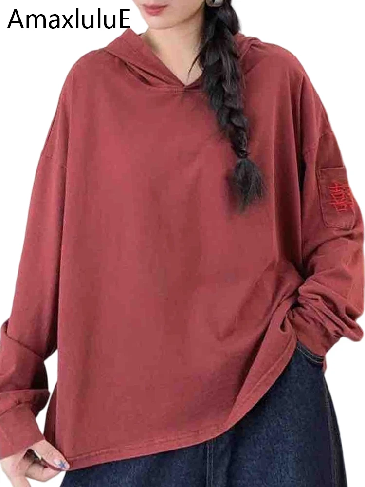 

Amax LuluE Fall Chinese Vintage Tops Females Classic Loose Hooded Tshirts Women Fashion Embroidery Fitness Casual Cotton Clothes