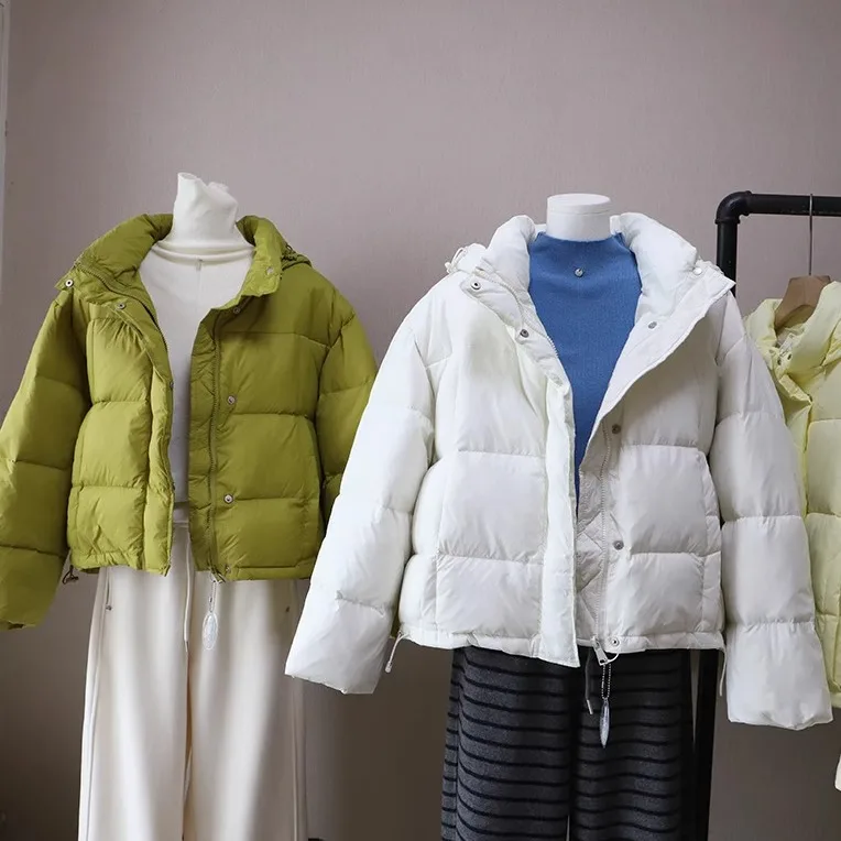 

Korean Sle Women's Puffer Jaet Hooded Yellow Thiened Bread Sle ort Coat Warm Long Sve Nylon Fabric Zipper Closure