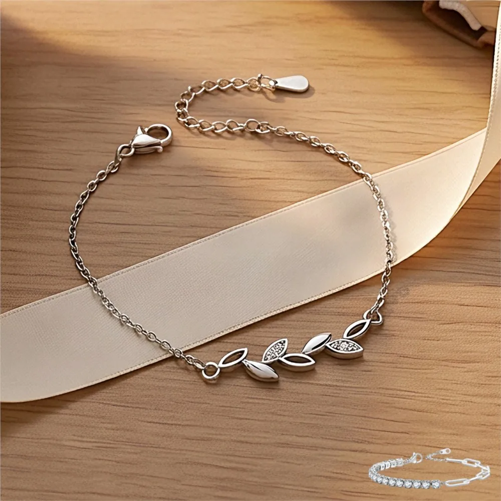 Silver Color Leaf Cubic Zirconia Bracelet Delicate Dainty Jewelry Gift For Women Daily Wearable Hand Chain Party Birthday Dating