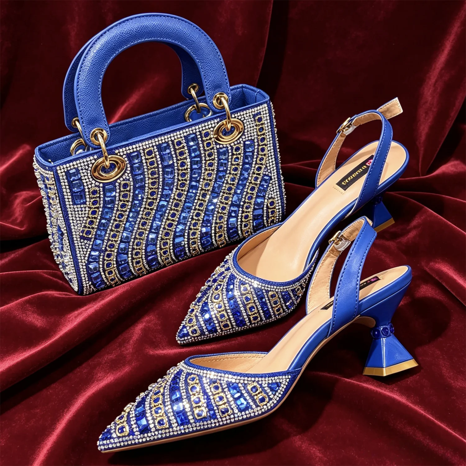 Luxury Red Crystal Rhinestone Shoes And Bag Set Women Pointed Slingback Mid Heels Matching Handbag For Wedding Party