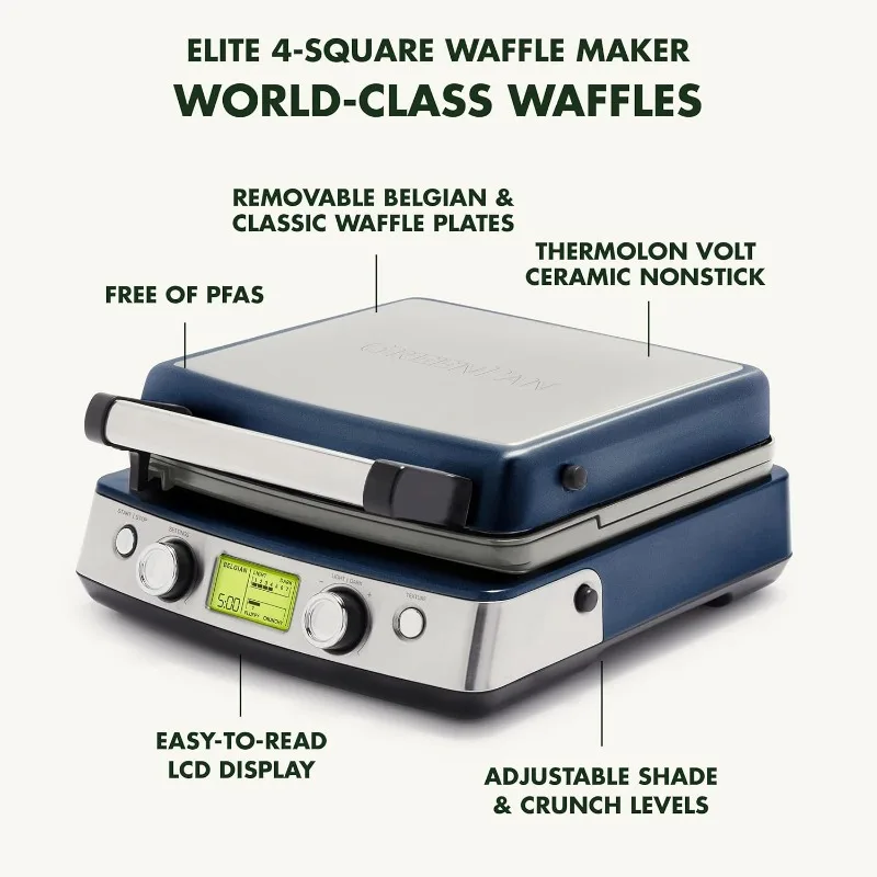 4 square Belgian waffle irons and classic waffle iron with adjustable shading/crispness control