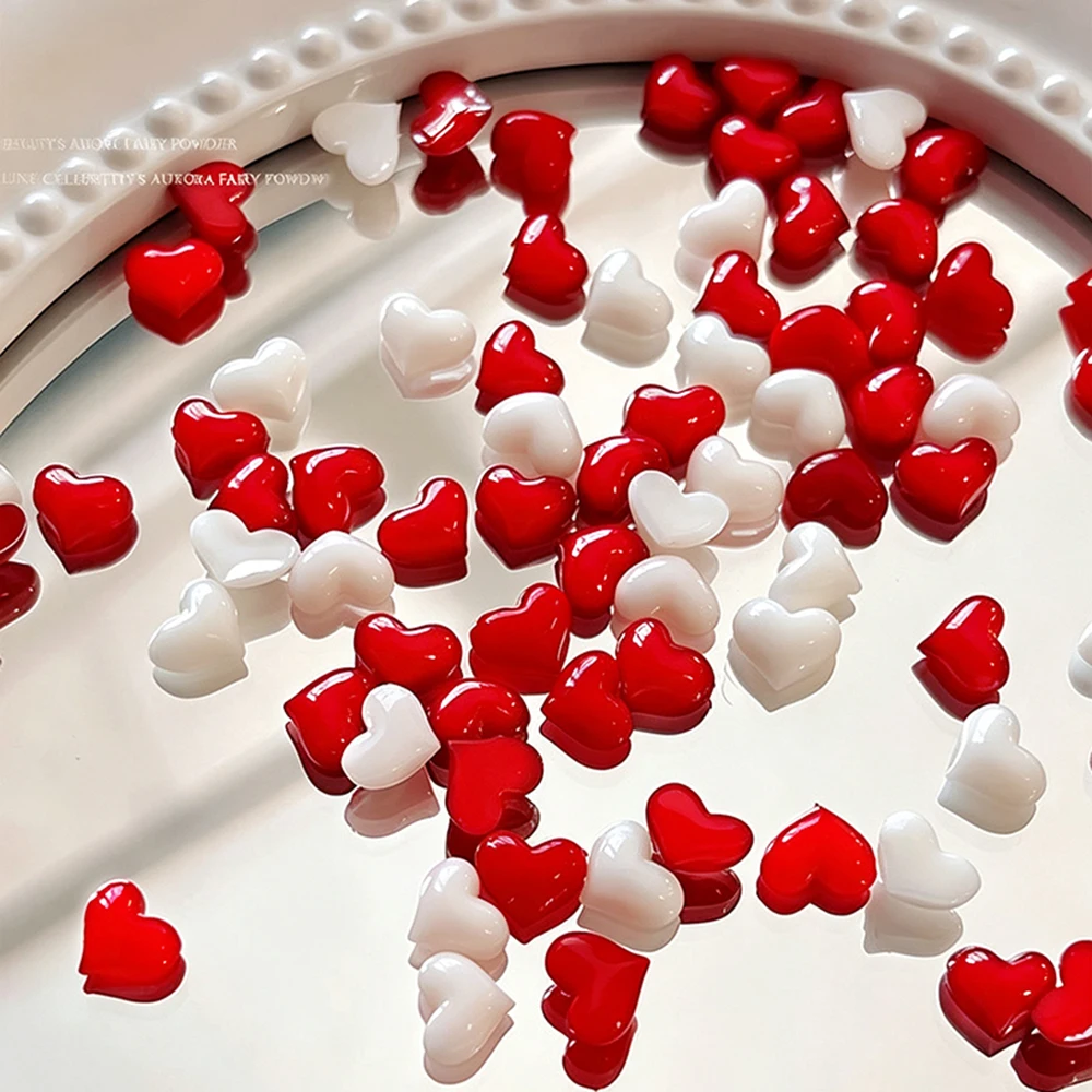 200Pcs Red White 3D Mini Love-Heart Nail Charms 4*5mm Resin Heart Nails Decorations Valentine Wedding Dating DIY Manicure Parts