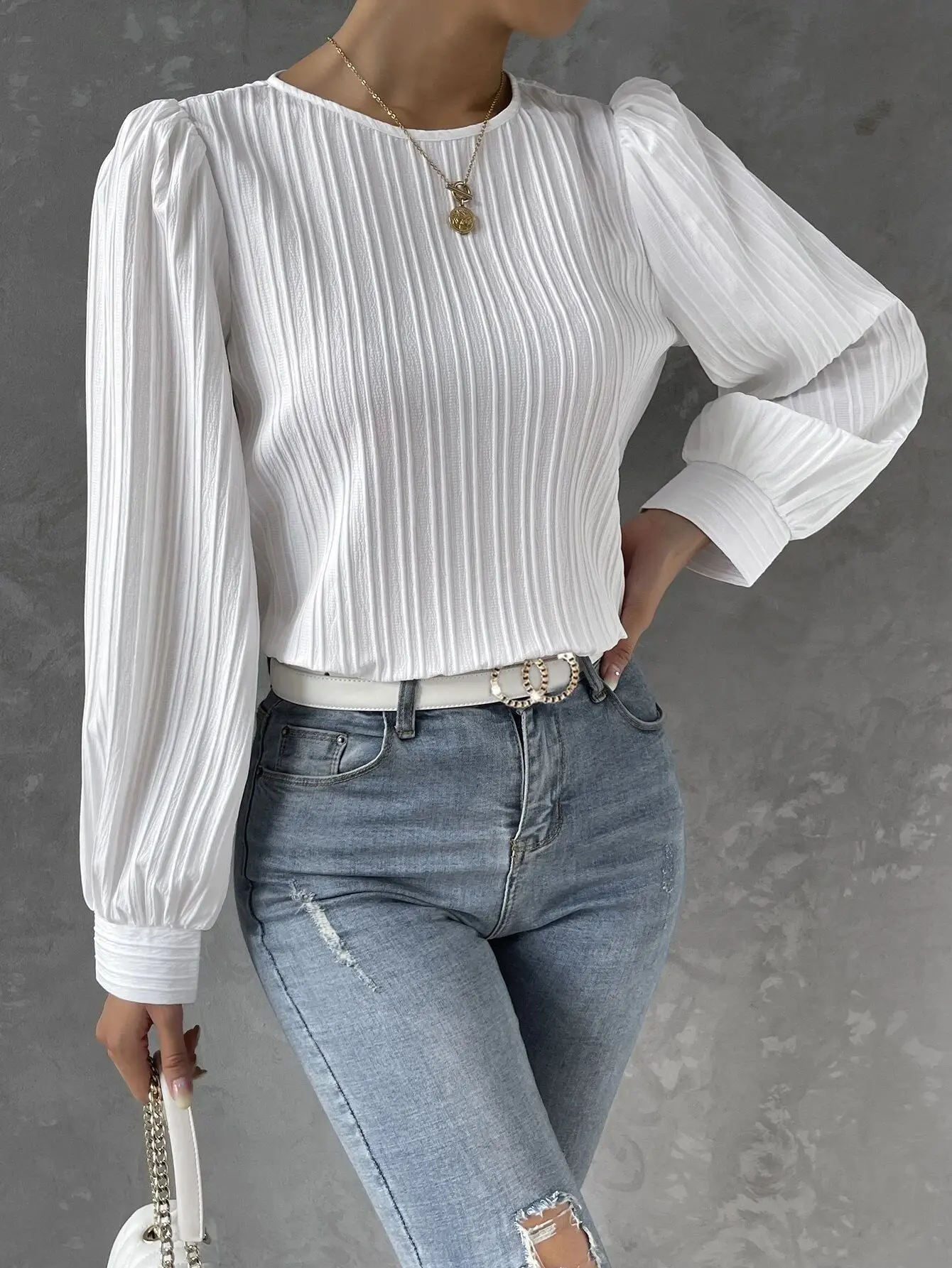 2023 Fall New Casual Solid Round Neck Long Sleeve Shirts White Women\'s Blouses