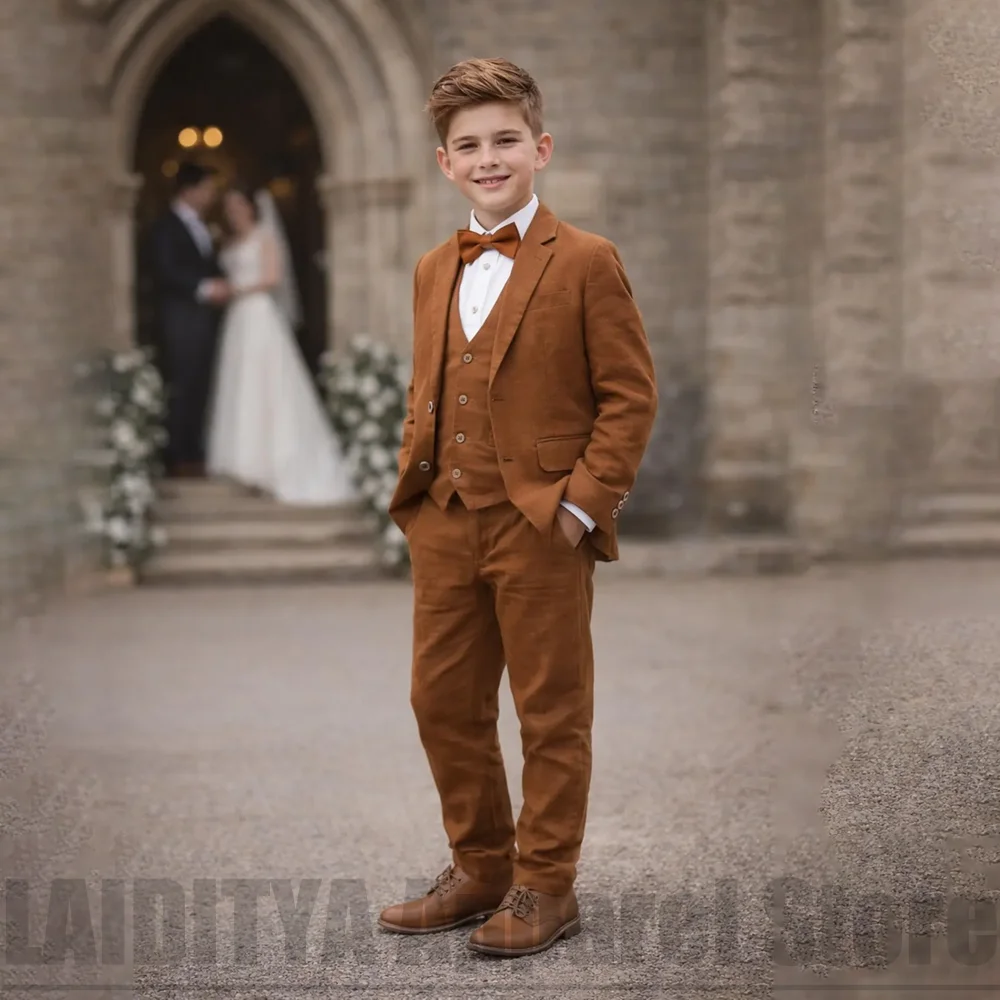 Chic Boys Linen Three Piece Suit Fashion Kids Formal Outfit Ring Bearer Wedding Birthday Party Tuxedo (Jacket+Vest+Pants)