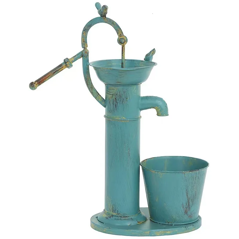 Antico blu pompa a mano ad acqua vaso di fiori fioriera a botte in metallo mangiatoia per uccelli rubinetto da bagno tetto giardino balcone