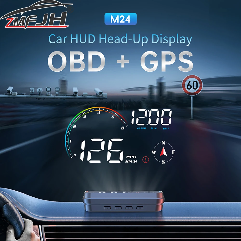 M24 Car Head Up Display OBD+GPS Windshield Projector Speed Gauge RPM Fuel Consumpsion Water Temp Compass On-board Computer