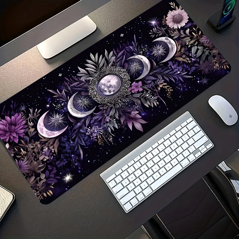 Celestial Moon Phase Gaming Mouse Pad, Large Non-Slip Desk Mat with Mystical Floral Print for Gamers & Cozy Home Office