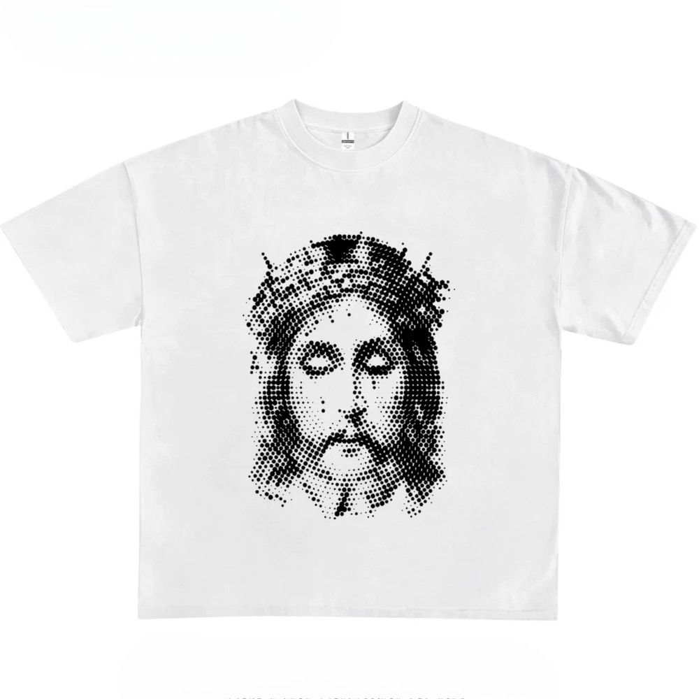 Halftone Bitmap Pixel Art Retro Trendy Portrait Character Niche Design Sense Fun Print Pattern T-Shirt New Fashion Short Sleeve