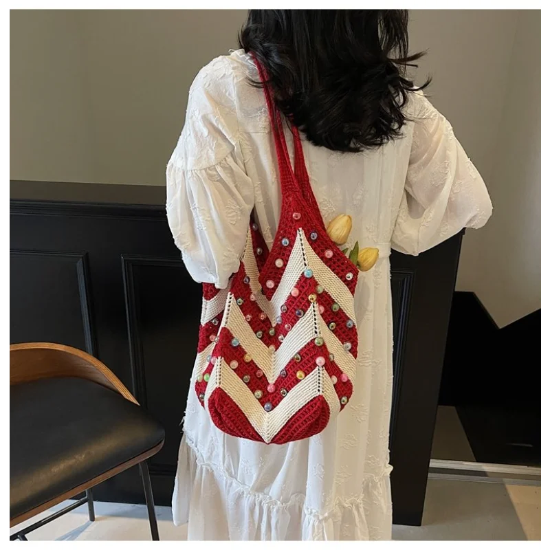 

Новая вязаная сумка-тоут CEEKAY 2026, вязаная вручную сумка через плечо со стразами, вместительная пляжная сумка через плечо для женщин