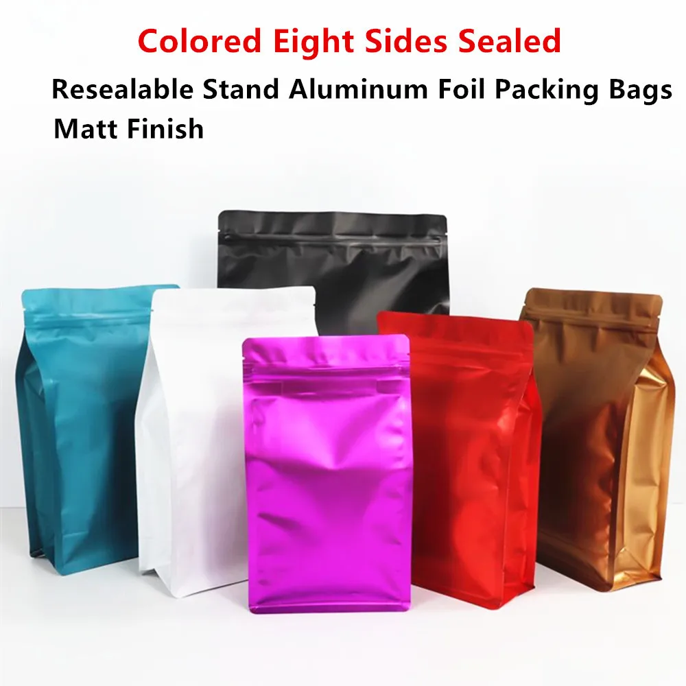 50pcs Colored Stand Up Zip Lock Bags - Eight Sides Sealed Flat Bottom Aluminum Foil Pouches with Zipper Self-sealing Food Grade