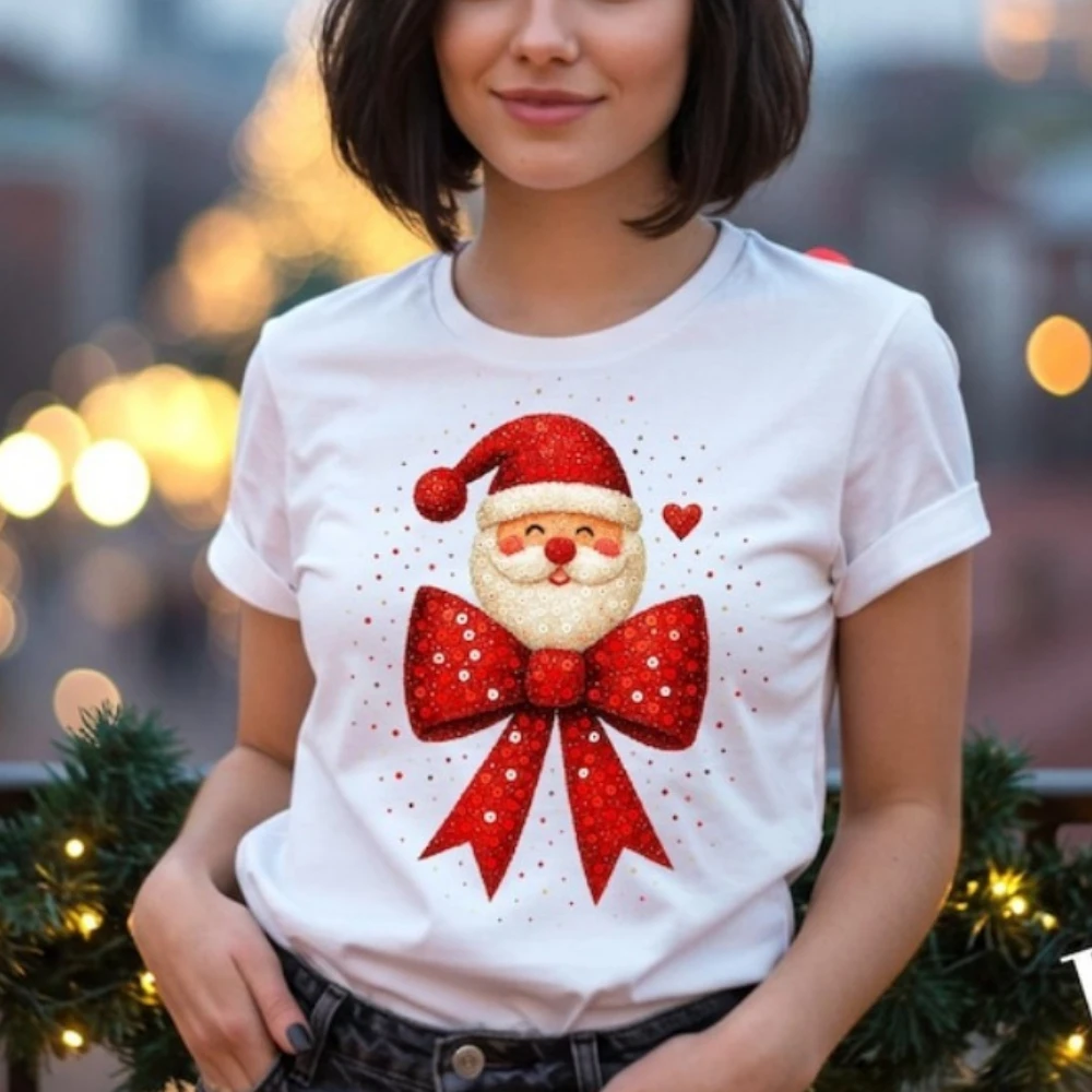 Santa Face with Sparkly Red Bow Funny Cute Christmas Faux Sequin Glitter Santa Tees Shirts for Women Aesthetic Clothes Shirts