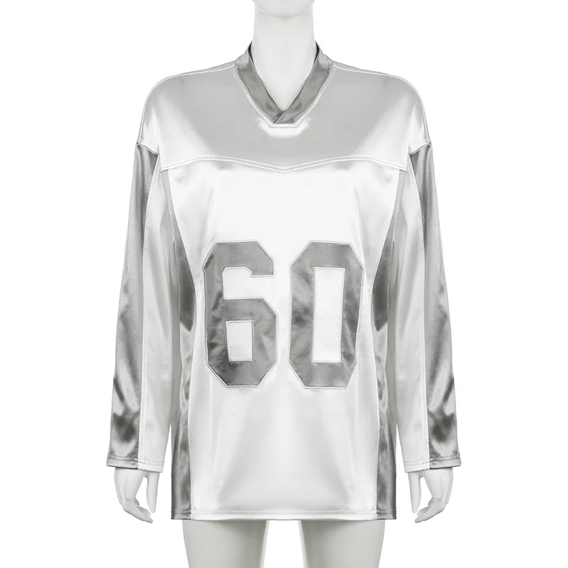 

Bright splicing loose jersey style contrasting color T-shirt street personality V-neck versatile casual long sleeved shirt