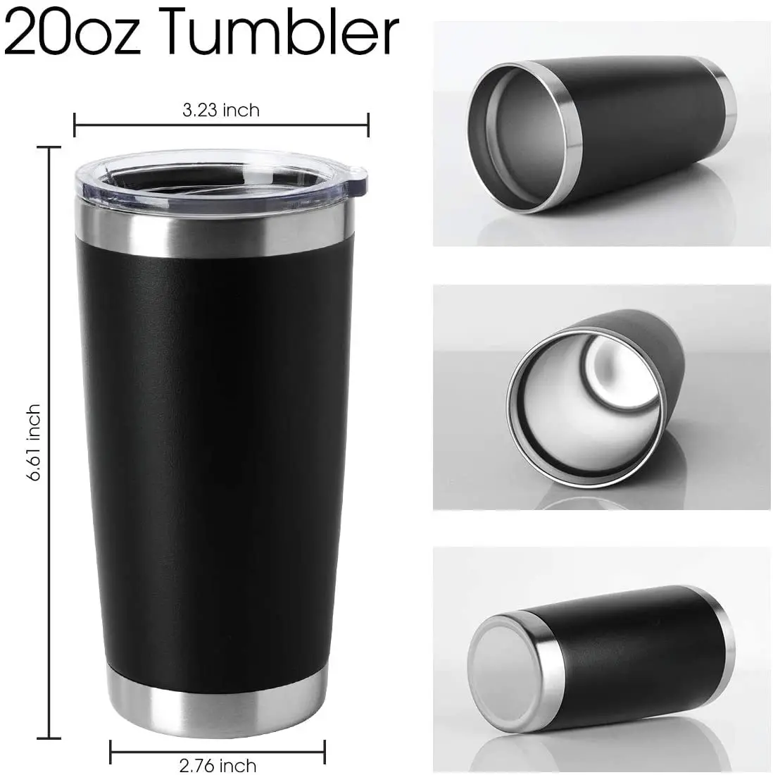 20oz Tumblers Stainless Steel Mugs with Lid Double Wall Vacuum Insulated Coffee Cups for Cold & Hot Drinks (20oz-Black 12 Pack)