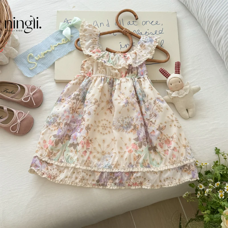 

Girls' Summer Dress2025New Printed Children's Dress Stylish Girl Princess Dress with Straps