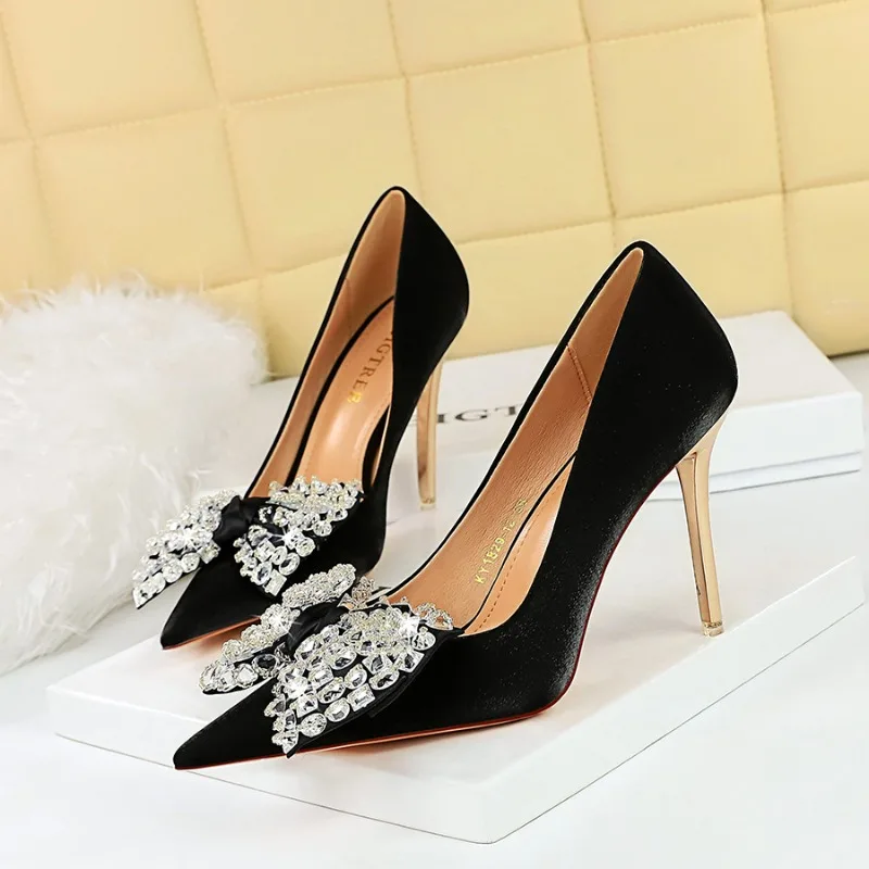 

BIGTREE Spring Autumn Women Pumps Pointed Toe Wedding Butterfly Knot Silk 10.5CM Thin Heels Elegant Women's Shoes Elegant Heel