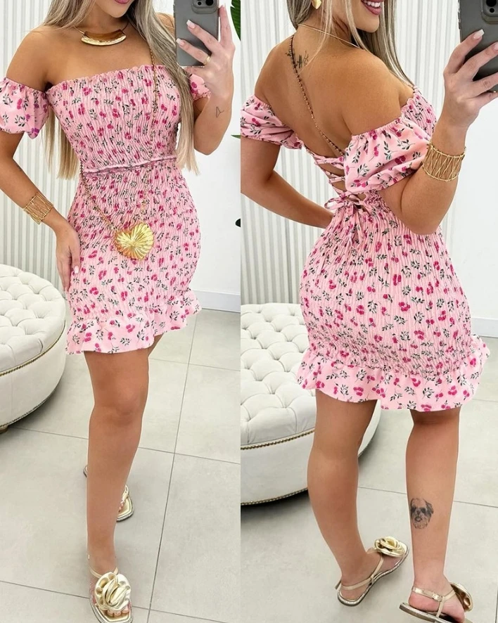 Summer Women Dress 2024 Sexy Short Sleeve Backless Slim Fit Ditsy Floral Print Shirred Ruffle Hem A Line Dress Holiday Vacation