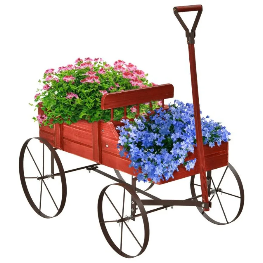 

Wooden Wagon Plant Bed with Metal Wheels for Garden Yard Patio