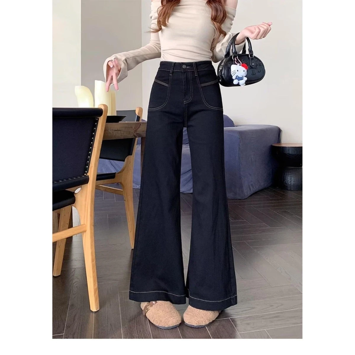 

Джинсы прямого кроя больших размеров для женщин, свободные, с эффектом похудения, для фигуры типа «груша», с высокой талией, широкие, длинные брюки