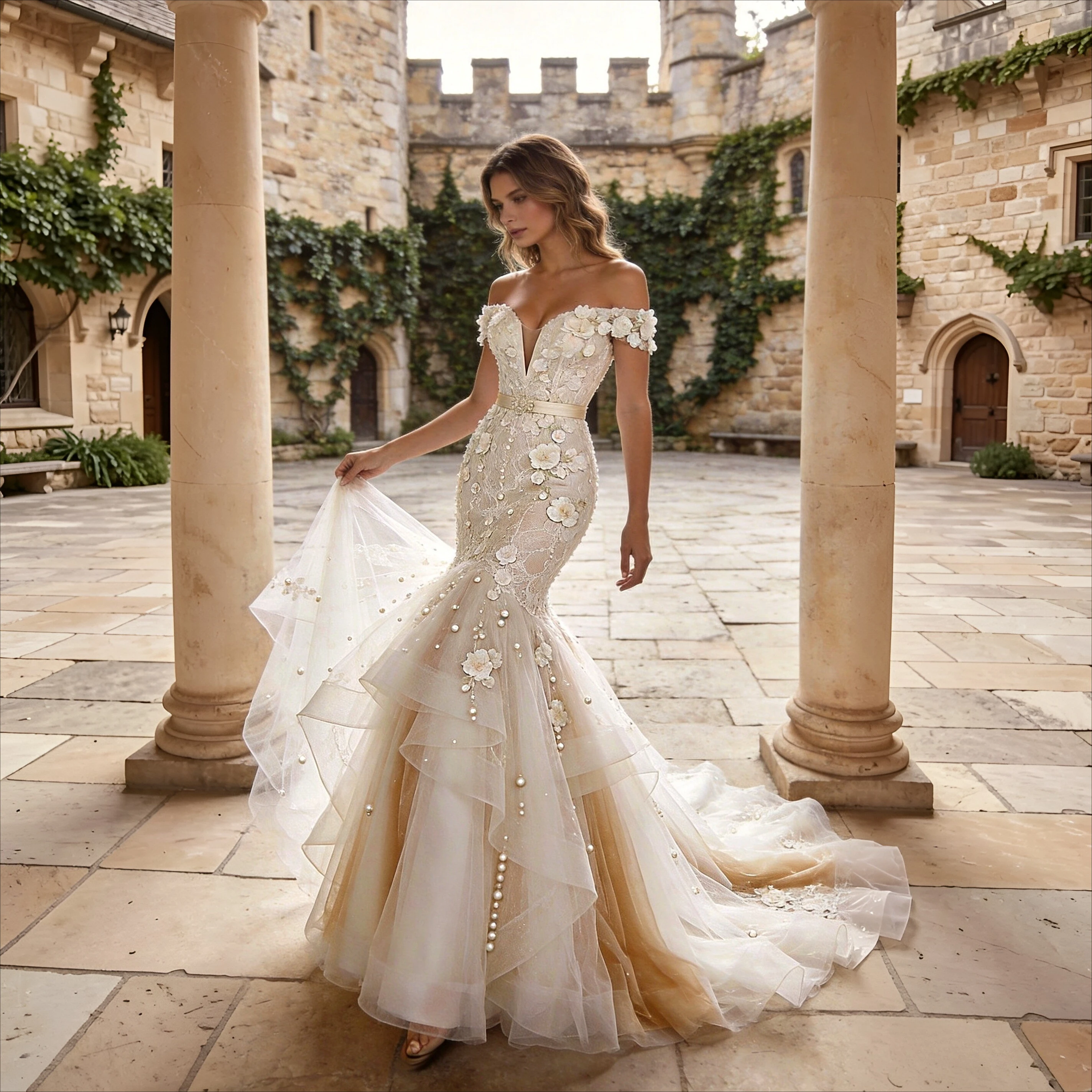 

Customized Handmade Floral Appliques Pearls Luxury Mermaid Wedding Dress Romantic Elegant Lace Bridal Gown Vestidos De Novia